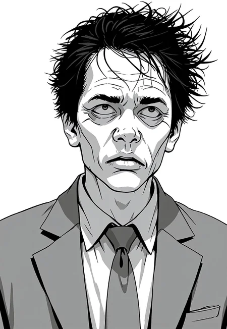 masterpiece, best quality, 1nkPnk, monochrome, 1boy, solo, male focus, greyscale, necktie, formal, suit, simple background, white background, shirt, rough sketch, messy, comic art style, ink splatter