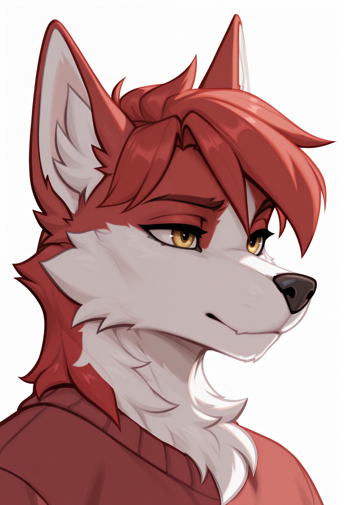 1boy, solo, male focus, portrait, upper body, sweater, white background, 
furry male, animal ears, wolf boy, white fur, two-tone fur, yellow eyes, red fur, red hair, short hair, 
masterpiece, best quality, <lora:danny_sterling-guy90-Illust-LoraV102:1>, gninad, <lora:Blushyspicy-guy90-IllustriousV101:1>, yciblu