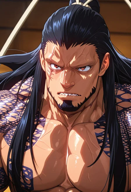 8K, In'ei, masterpiece, 8K CGI render, beautiful, sharp focus, crisp details, masterclass animation, source_anime, masterpiece,best quality,amazing quality, Perfect facial details, Perfect eyes, 1 boy, bara,solo, lvbu, muscular, manly