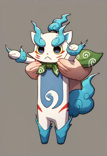 score_9, score_8, masterpiece, high quality, shishikoma, komainu, white body, blue belly, flame tail, flame ponytail, blue flames, green cape, green sclera, neutral expression, hd, detailed fur, anime, solo, 1boy, holding animal / holding person, full body, chibi, IncrsXLLCM