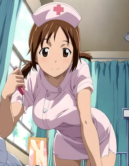<lora:pony_xl_hinako:0.9>,hinako,score_9,score_8_up,score_7_up,source_anime,1girl,solo,swept bangs,smile,;d,nurse cap,nurse,white nurse clothing,clipboard,hospital,bed,bed_sheet,window_,curtains,bent_over,