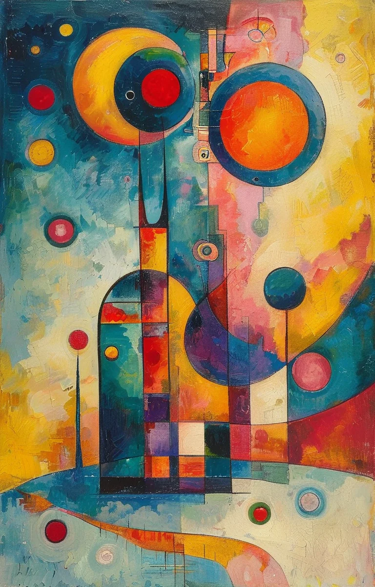masterpiece,best quality,<lora:tbh287-sdxl:0.9>,illustration,style of Wassily Kandinsky A bottle of perfume in garden