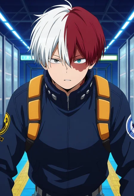 masterpiece, best quality, , anime screencap, anime coloring, official style, , , 1boy, solo, male focus, <lora:shouto_todoroki_ilxl:1>, shouto_todoroki, white hair, red hair, grey eyes, blue eyes, heterochromia, short hair, hair between eyes, bangs, multicolored hair, two-tone hair, split-color hair, burn scar, scar on face, mecha hangar, repair bays, warning lights, tool stations, maintenance pose, focused expression, artificial lighting, Denim joggers, Damask Bomber jacket, , ,