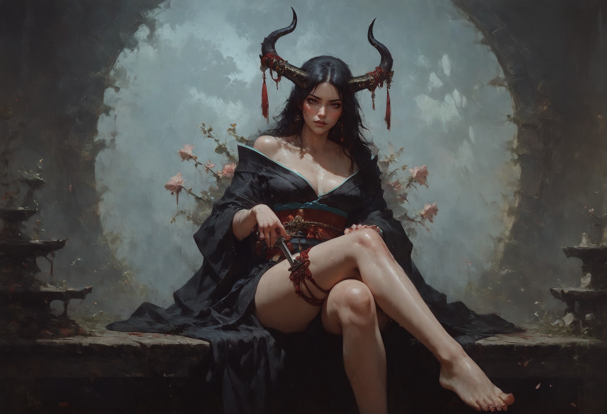 score_9, score_8_up, score_7_up,  rating_questionable,   20yo girl, 1girl, curvy, monster girl, solo, tall, ronin, samurai, a woman with black hair, red eyes, Brom, beautifully backlit, fantasy art, blue and purple gradient skin, long hair, kimono, black hair, scales, curvy horns, atmospheric, sweat, legs, thigh dagger strap, sitting, feet stretching towards viewer    <lora:Concept Art Twilight Style SDXL_LoRA_Pony Diffusion V6 XL:0.8>  <lora:Expressive_H-000001:0.8> expressiveh  <lora:d4rk01lXLP:0.7> d4rk01l