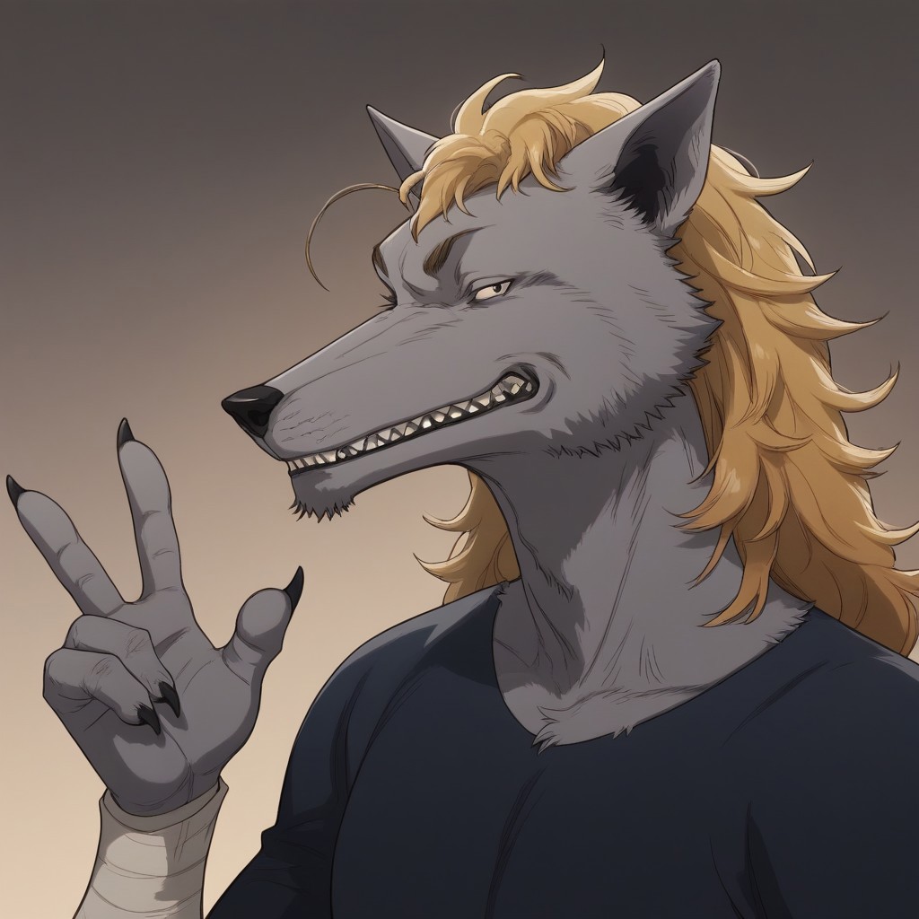 score_9, score_8_up, score_7_up, score_6_up, score_5_up, score_4_up, masterpiece, high quality, source_furry, beautiful detailed face, detailed body, good anatomy, anthro, furry, Welfin, wolf, blonde hair, blonde mane, grey fur, grey body, skinny body, mature male, smirking, sharp teeth, looking at viewer, picture, teasing, profile, peace and love hand sign, claws,