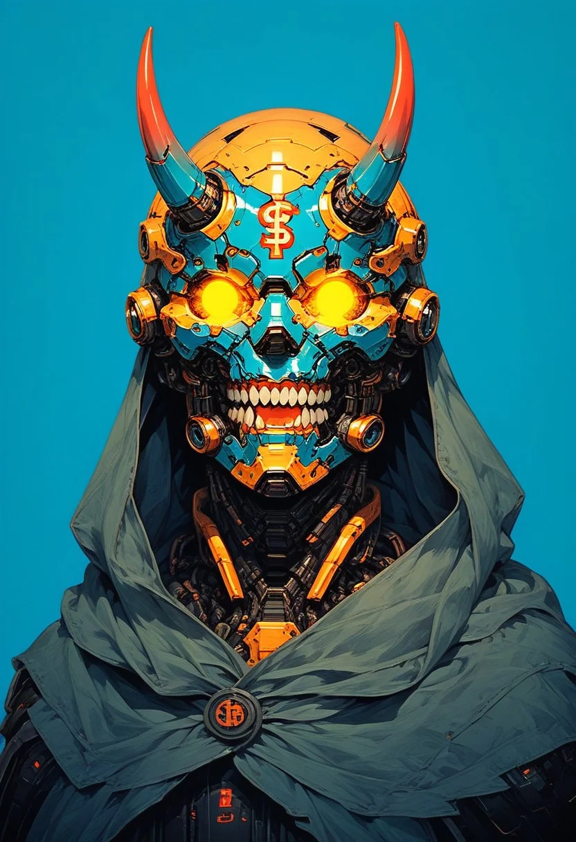 score_9, score_8_up, score_7_up, score_6_up, source_anime, lineart, B0ld01lp41nt,
solo, 1head, forest green helmet, no humans, glowing mechanical eyes, spiral horns, oni teeth, robot, mecha, beaten brown cloak, science fiction, cyborg, mechanical parts, humanoid robot,
science fiction, sinozick style, flat color, dark theme, Expressiveh, l0g0, simple background