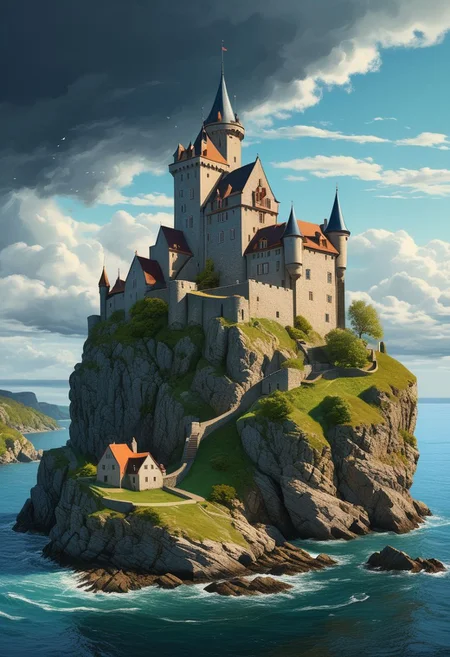 Classic illustration in Art Noveau style, realistic, detailled, photografic, small village around a castle in a small rock island, ocean, tempest, realistic, medieval, correct geometry, perfect, beautiful colors, day time, dark scenary, masterpiece, cloudy day,