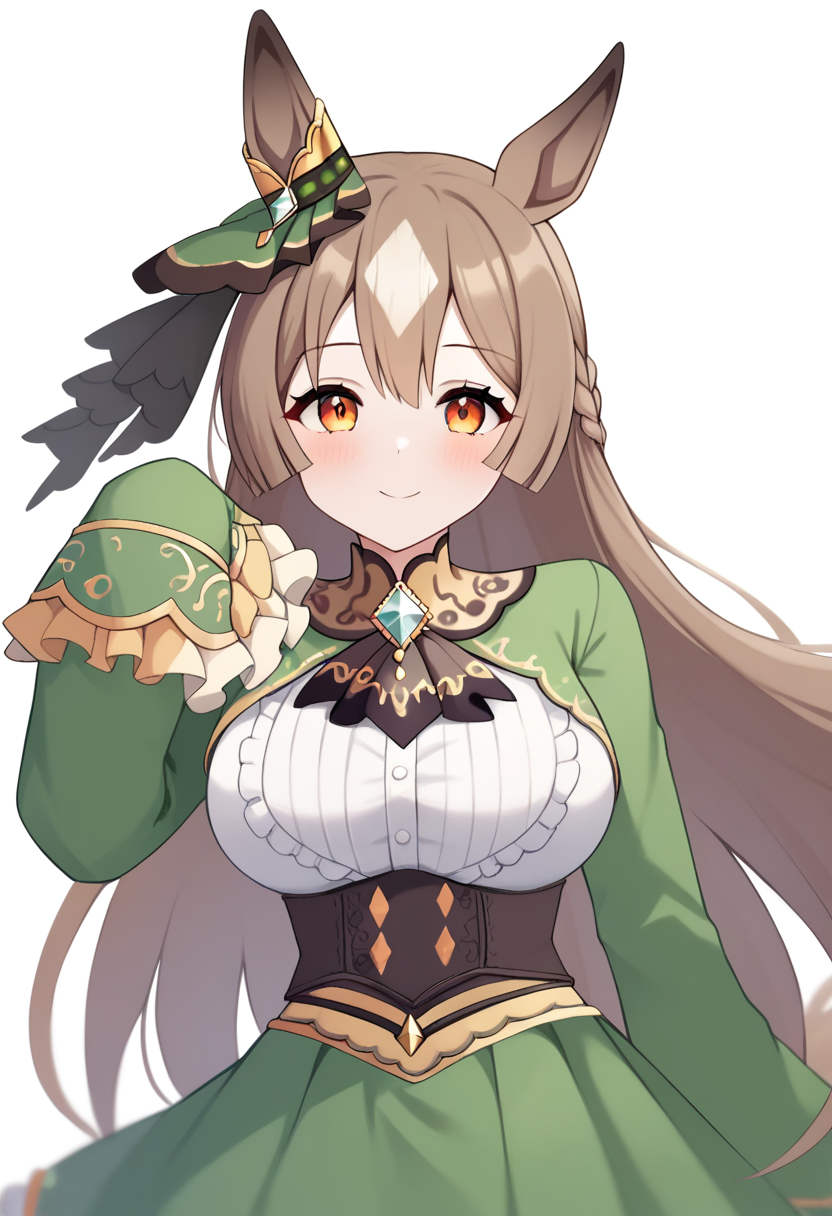 score_9,score_8_up,score_7_up,<lora:fumamusume_all:1>,1girl,absurdres,black_ascot,blush,brown_hair,center_frills,closed_mouth,commentary,cropped_jacket,diamond_\(shape\),ear_ornament,french_braid,frilled_sleeves,green_jacket,green_skirt,hair_between_eyes,hand_up,highres,horse_ears,horse_girl,large_breasts,long_hair,looking_at_viewer,orange_eyes,satono_diamond_\(umamusume\),simple_background,sleeves_past_fingers,smile,solo,streaked_hair,upper_body,white_background,white_hair,white_shirt,