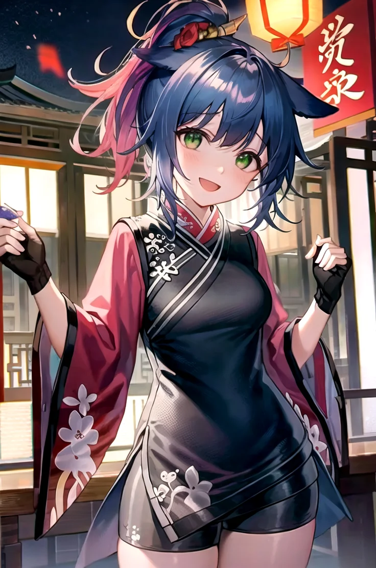 <lora:clivia_jessica-04:1>, black hair, multicolored hair, ponytail, animal ears, green eyes, :D, happy, upper body, china dress, (black shorts:1.1), long sleeves, wide sleeves, chinese architecture, restaurant, new year, (red firecrackers), fireworks, night time, subsurface scattering, chiaroscuro, (masterpiece, best quality:1.2), dynamic composition, reflections, (fingerless gloves), floral print, night, lanterns, rule of thirds,holding hongbao, medium breasts