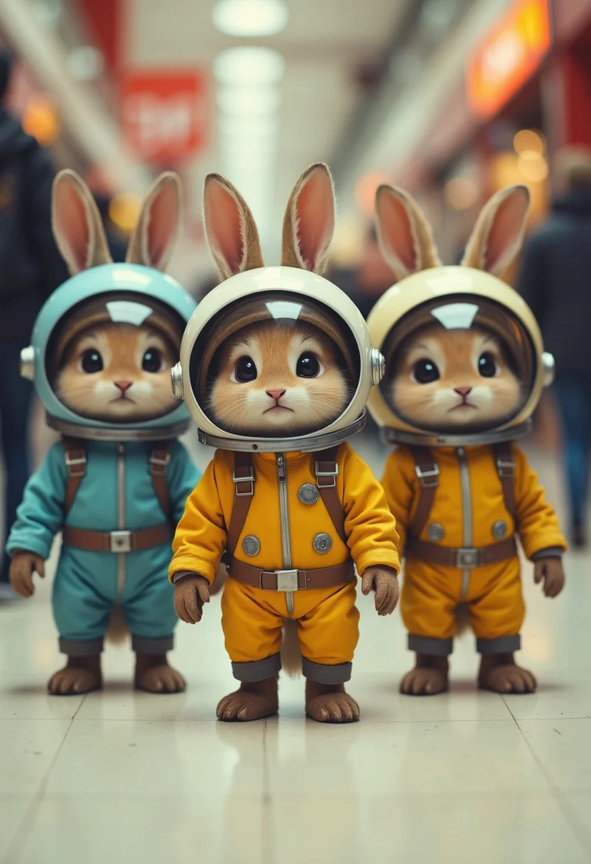 3 tiny space bunnies wearing yellow and blue space suit, with a round helmet with metalic rabbit ears, wondering in a mall, funny, playful, high-speed action shots. intense cinematic , raw, analog blankmj l10nhe43t