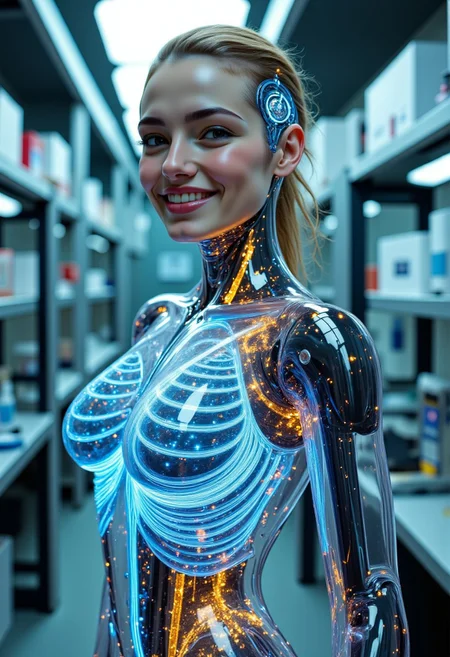 the most realistic, photorealistic photo ever taken [PORTRAIT MID BODY SHOT , extremely detailed, 8k, BEAUTIFUL FEMALE CYBORG (SEDUCTIVE SMILING:1.5), looking at the camera, IN A HIGH TECH FUTURISTIC LABORATORY, LEDS,BIOMECHANICAL BODY PARTS, (some body parts covered with synthetic skin:1.5), (glass TRANSPARENT ULTRA DETAILED BODY shell:1.5) SHOWING blue and gold CIRCUITRY shining bright INSIDE THE BODY, Detailed hand, (DYNAMIC POSES:1.5), Perfect hand, ]