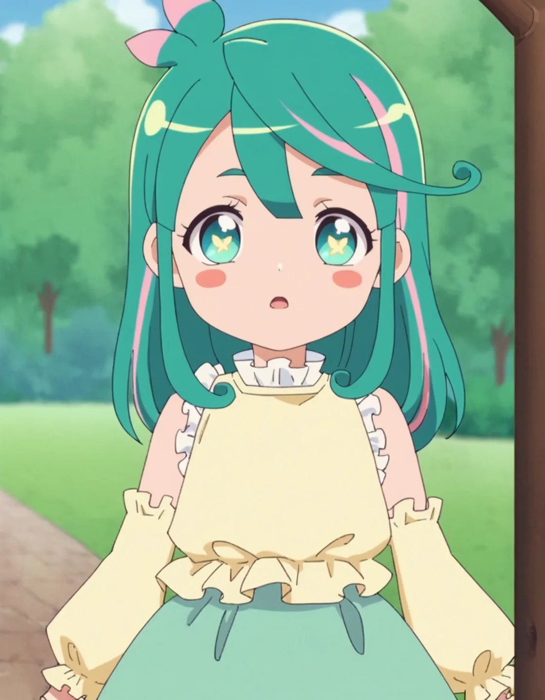 score_9, score_8_up, score_7_up, anime screencap, solo,1girl,hisui,  skirt, looking at viewer, outdoors, detached sleeves, blush stickers, long hair, yellow shirt, tree, shirt, open mouth<lora:hisui_pony:0.8>