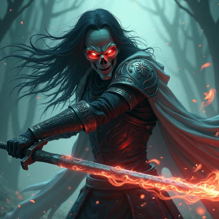 Close-up movie portrait of an extreme evil face with menacing eyes glowing from deep within a dark, skeletal visage, designed in FredFrai style. The face is partially obscured by long, flowing hair that whips and billows in every direction, giving the figure an almost ethereal quality. The character is a skeletal knightess, her gaunt, hollow features shrouded in shadow. Her towering figure is dressed in intricately patterned, battle-worn armor, with engraved symbols of dark lore and ancient power. A neon turquoise and white cape flows behind her, illuminated by a ghostly glow, adding to her otherworldly presence. Her body stands ready for battle, muscles taut beneath the armor as she prepares to strike.
She grips a powerful, thin long sword with intricate engravings, and the focus is on the blade as it cuts through the air. The sword itself emanates a dark, otherworldly energy, trailing a deep black light with every swift motion, creating a visual contrast that suggests an ancient weapon of immense power. Every detail of the sword is finely etched, and its edge glows faintly, as if charged with arcane energy.
The scene is set in a fog-filled, misty night, where the air is thick with tension. The mist swirls around her legs, giving the impression of an apparition, as if the ground itself fears to touch her. The color palette is rich and vibrant, with deep blacks, intense crimson reds, and subtle beige gradients. Behind her, the background fades into a blur of shadowy shapes and swirling fog, leaving the details of the surroundings obscured.
The action is captured in an anime style, with dynamic lighting and motion streaks enhancing the sense of speed and violence. The movement of the knightess is quick and fluid, her sword leaving streaks of darkness in the air as it slices through the mist. The knightess glows with an eerie light, her presence cutting through the surrounding darkness like a beacon of malevolence. The entire image radiates intensity, with a focus on the energy and power that radiate from the knightess and her sword, as if the very night is bending to her will.