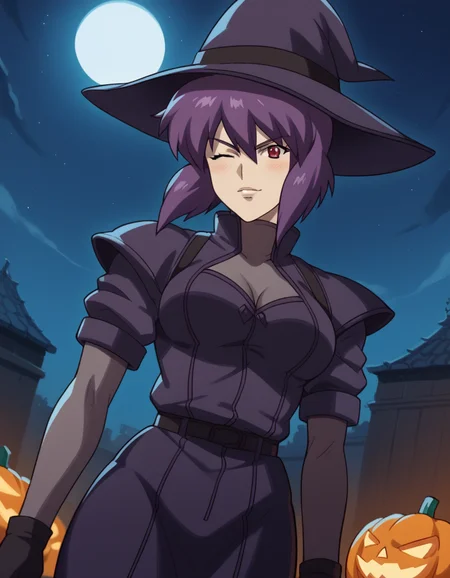 score_9, score_8_up, score_7_up, source_anime, <lora:motoko-kusanagi-s2-ponyxl-lora-nochekaiser:1>, motoko kusanagi, kusanagi motoko, short hair, large breasts, red eyes, purple hair,, <lora:witch-ponyxl-lora-nochekaiser:1>, witch, hat, witch hat, dress, halloween, halloween costume, jewelry,, night, moon, blush, smile, one eye closed,, , dutch angle, cowboy shot