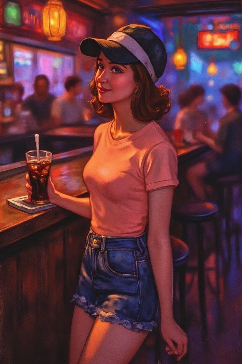 pietmondrian1 painting. 
The air buzzes with the energy of a busy bar, a mix of music, conversation, and the clinking of glasses. A barmaid, the embodiment of youthful vibrancy, navigates the lively scene. She wears a peach-coloured T-shirt, the soft fabric contrasting with the smooth, cold glass of coke she carries on a small tablet. Her short skirt adds a playful touch, and a backwards baseball cap hints at a carefree attitude. The setting and atmosphere are palpable: the warm, slightly sticky surface of the bar counter under her fingertips, the dim, colourful lighting that casts playful shadows. Sensory details are abundant: the condensation forming on the glass of coke, the texture of her denim skirt, and the way the bar lights catch the highlights in her hair. Her confident stride, her quick smile, and her efficient movements. Stylistically, the image draws inspiration from the vibrant, candid shots of nightlife photographers, with a touch of the stylized realism found in contemporary illustration. There's a deliberate contrast between the barmaid's youthful energy and the slightly worn, lived-in atmosphere of the bar, creating a dynamic and engaging image. <lora:pietmondrian1_cap_d8a4e11:1.0><lora:860672938783830312:0>