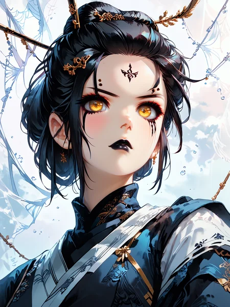 score_9,score_8_up,score_7_up,animation,incredibly absurdres,4K,<lora:simei:0.9>,Si Mei,Black Myth,Black Myth Wukong,black hair,facial mark,single hair bun,hair bun,forehead mark,hair ornament,makeup,black lips,yellow eyes,
(((from_below))),portrait,
<lora:Eyes_High_Definition:0.8> eyesHD, high gradient eyes, detailed eyes, high definition eyes,<lora:gg3:0.4> Goth girl, Goth girl 1girl,bubble ass,stunning body,(hourglass slim body:1.3),<lora:Fant5yP0ny:0.6>,<lora:MJ52:0.8>,<lora:SDXLPaintSplash:0.8> Colorsplash,<lora:spiderweb> spiderweb, cobweb:0.7,(disgust),(contempt:1.3),shaded_face,jitome,furrowed_brow,(spider web background:1.3),<lora:GHBL:0.8> GHBL,