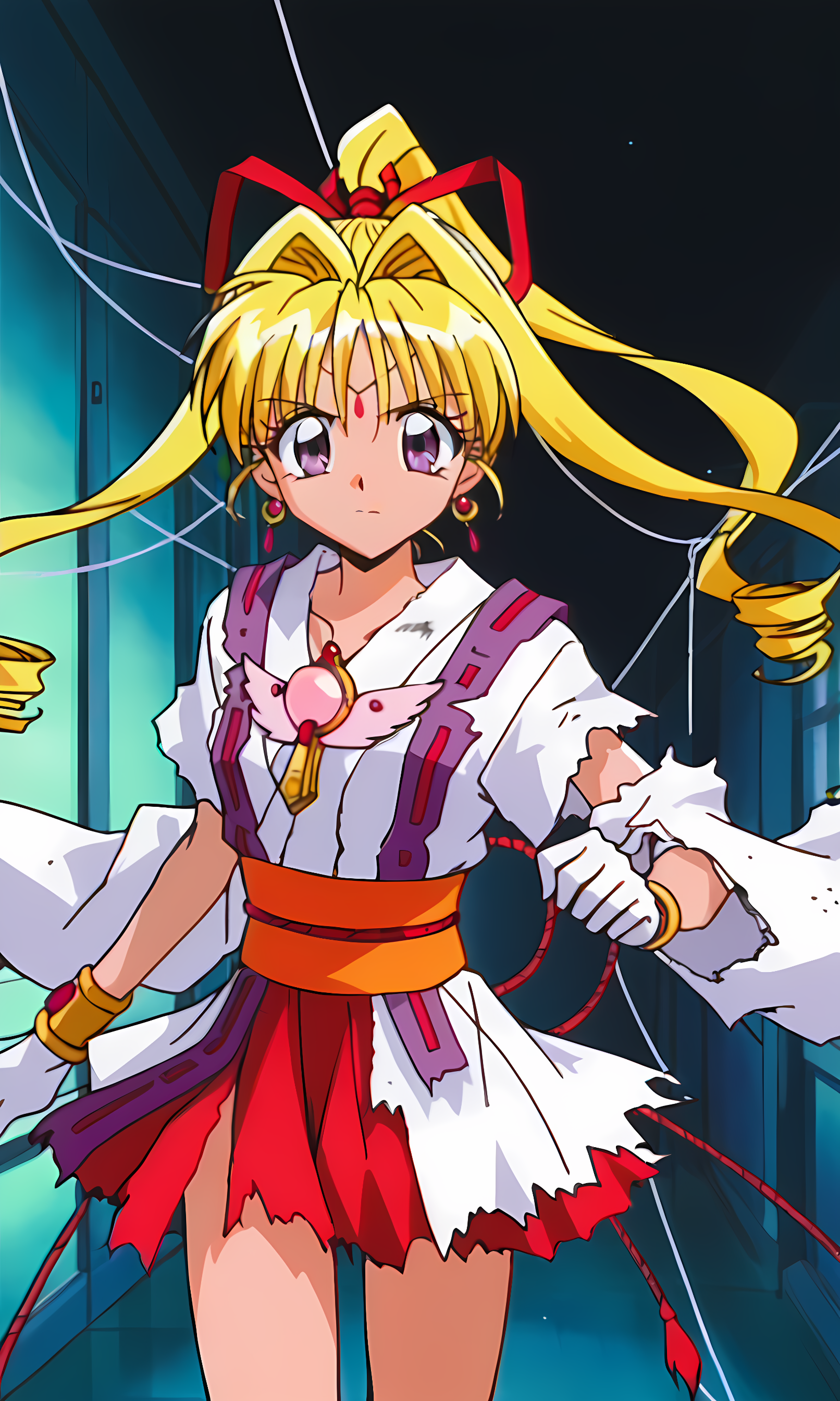8k, best quality, solo, cute, score_9, score_8_up, score_7_up, 90s anime, Masterpiece, source_anime, KKJ, (Artist A Style:1.3), forehead jewelry, purple eyes, blonde hair, hair intakes with drill long sidelocks, very long hair, one high drill ponytail at the back, red hair ribbon, earrings, torn white kimono, torn white layered kimono miniskirt with red under layer, 2 torn purple straps on torn layered kimono miniskirt, 2 torn purple straps, pink gem on chest, torn white wide sleeve on the right arm, torn white short sleeve on the left arm, left sleeve completely torn, gold bracelet, white gloves, orange obi, red obijime cord, bow-shaped knot on waist with tassels, bare legs, cowboy shot, serious, dynamic pose, in the hallway, wires, rags