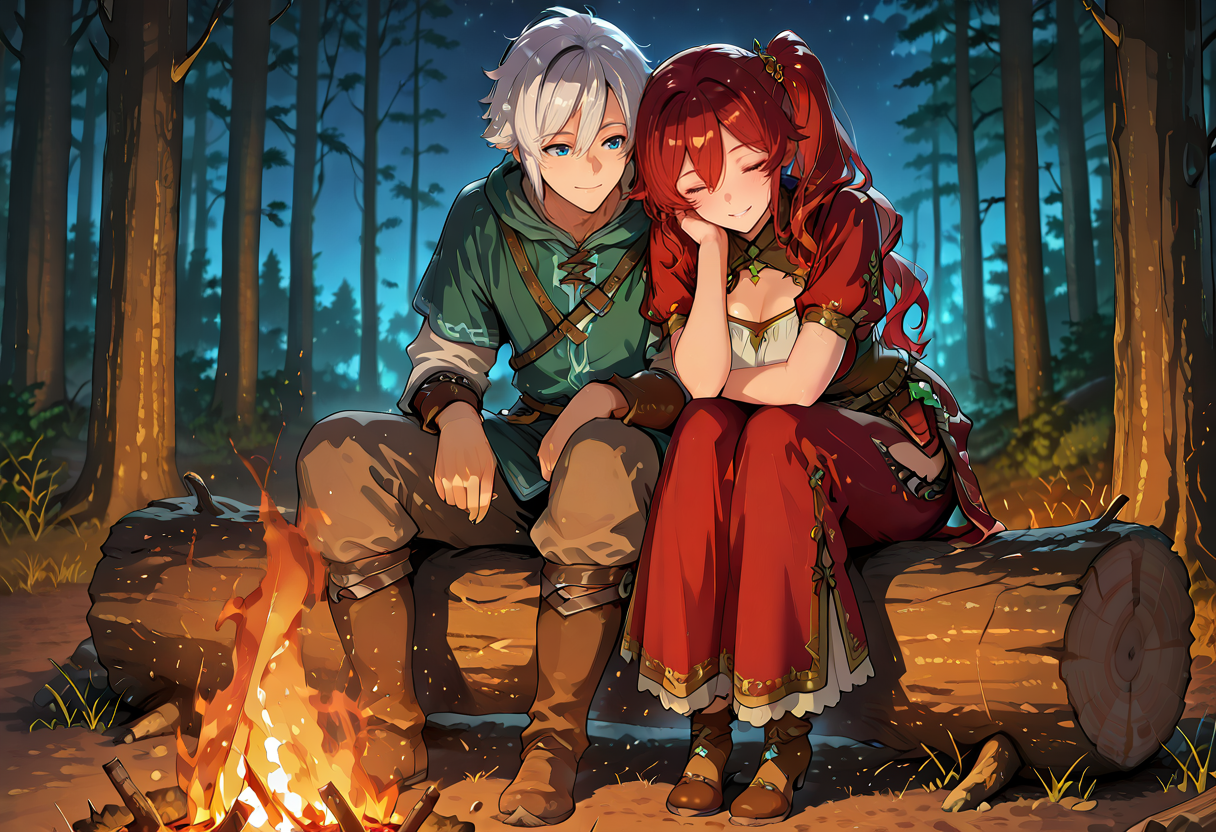 <lora:takeda_hiromitsu_style_illustrious_goofy:0.5>, <lora:noobai_vpred_1_masterpieces_v23:0.5>, <lora:Eyes_Lora_Pony_Perfect_eyes:0.5> , masterpiece, fantasy\(theme\), thick outlines, best quality, 1boy, 1girl, night, sitting on log, in front of campfire, forest,
BREAK handsome, mature, short messy hair, white hair, off-center sideswept fringe, right hairline parting, visible hairline, blue eyes, smiling, looking at campfire, fantasy outfit, sitting, 
BREAK <lora:Alethea:1>, side ponytail, red hair, wavy long hair, hair ornament, green eyes, fantasy outfit, sitting, arms on knees, leaning on shoulder, eyes closed, smiling