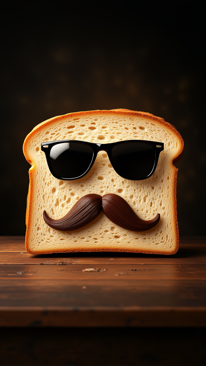 A pair of sunglasses and a mustache drawn on a slice of bread, with the caption: "Bread-y for anything with my disguise."  Absurdres, ultra realistic, professional lightning many details, extreme detailed, full of details, Wide range of colors., Dramatic,Dynamic,Cinematic,Sharp details Insane quality. Insane resolution. Insane details. Masterpiece. 32k resolution.    , aidmaMJ6.1