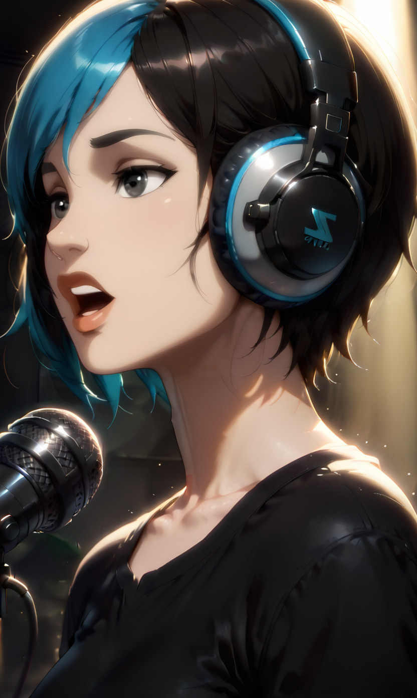 LaVictoria, masterpiece, best quality, amazing quality, very aesthetic, detailed eyes, perfect eyes, realistic eyes, multicolored hair, black hair, blue hair, opening eyes,  lips, black eyes, short hair, 1girl, solo, blush, open mouth, shirt, collarbone, upper body, teeth, black shirt, headphones, grey headphones, microphone, music, singing, microphone stand, zzHyp3r,