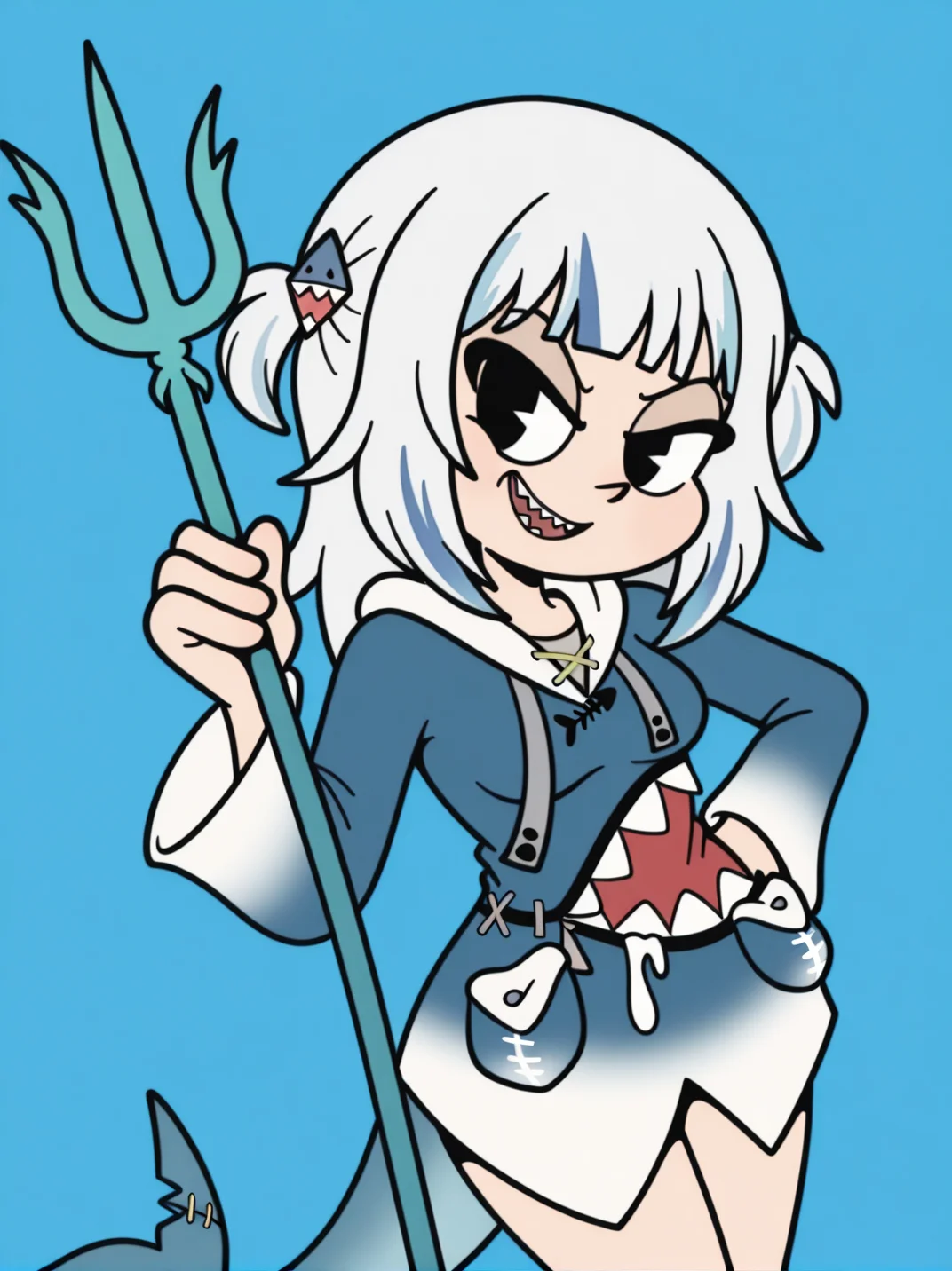 RetroXL, toon \(style\), flat color, black eyes,
1girl, medium breasts, (gawr gura:1.1), trident, 
naughty face, dutch angle, naughty pose, looking at viewer, dynamic pose, cowboy shot, head tilt, from above, dutch angle, gradient background, 
 <lora:RetroToonXL_Style-10-IL:1>