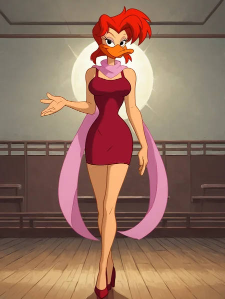 score_7, score_8, score_9, detailed background,inside,ballroom,dancefloor,lights,,ultra high detailed,masterpiece,full body, BREAK Solo, 1girl,female,seductive eyes,long eyelashes,half closed eyes, furry,anthro, <lora:Mallory_McMallard_Might_Ducks:0.8> mallory_mcmallard,  duck, red hair,solo, single, beak, long eyelashes, black eyes, narrow waist, ,medium breasts,fancymalloryshair,pward-swept hair, walking, short dress, red dress, medium breasts, red footwear, high heels, pink scarf, narrow waist, long eyelashes, black eyes, long legs, smirk,strutting,hand on hip,arm outstretched,