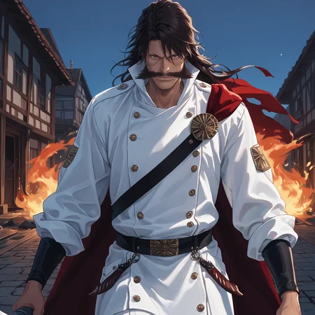 score_9, score_8_up, score_7_up, score_6_up, score_5_up, score_4_up, masterpiece, high quality, detailed
1man, long black hair, dark brown hair, huge mustache, pronounced cheekbones, long nose, thin eyebrows, white boots, brown eyes, maroon-black cloak, broad chin, white uniform, close-up, upper body, <lora:yhwach:1> looking to the side, mysterious, holding a sword , weapon, Wrecked village, walking, (surrounded by big fire:1.1) big flame, broken, destroyed