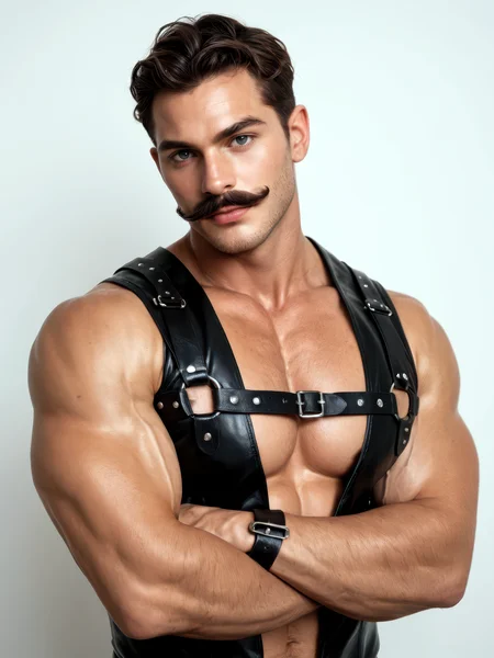 score_9, score_8_up, score_7_up, photo realistic
portrait of rugged man, brown hair, thick moustache, intense expression, wearing a black leather vest, muscular build, shoulder harness, dramatic lighting, gritty and tough