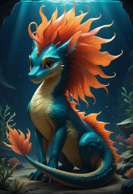 score_9, score_8_up, score_7_up, score_6_up, score_5_up, score_4_up, waterelements,beautiful expressive cute face, underwater, extremely detailed, beautiful underwater cute dragon creature, no humans, extremely detailed scales, seaweed mane, fishtail, beautiful eyes, moonlight, realistic, high quality, detailed, fantasy dark cave background, sparkling water, dark shadows, glowing in the dark, bright colors, high contrast, dark background, vivid lighting,