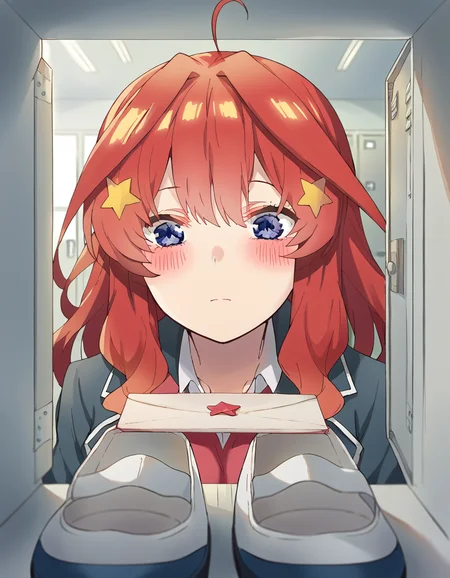 score_9, score_8_up, score_7_up, source_anime, <lora:itsuki-nakano-s2-ponyxl-lora-nochekaiser:1>, itsuki nakano, bangs, blue eyes, hair between eyes, ahoge, red hair, star (symbol), hair ornament, star hair ornament, mature female, large breasts, <lora:shoe-locker-pov-ponyxl-lora-nochekaiser:1> shoe locker pov, locker, letter, school, gift box, unworn shoes, blush,, ,