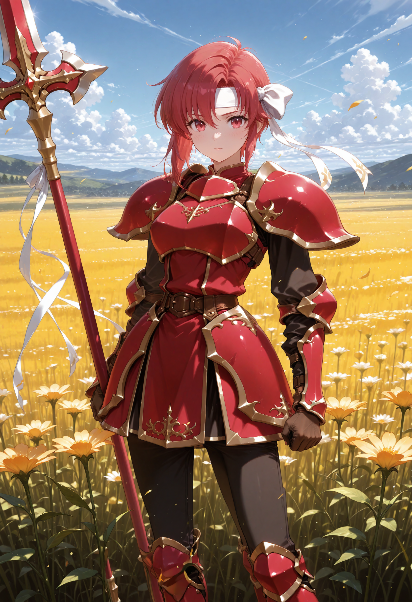 masterpiece,extreme detailed,day,outdoors,field BREAK cecil_(fe),1girl,solo,armor,gloves,short hair,headband,red hair,shoulder armor,short dress,dress,red eyes,pauldrons,red armor,armored boots,pants,<lora:cecil_(fe)-IL:1>,holding polearm,