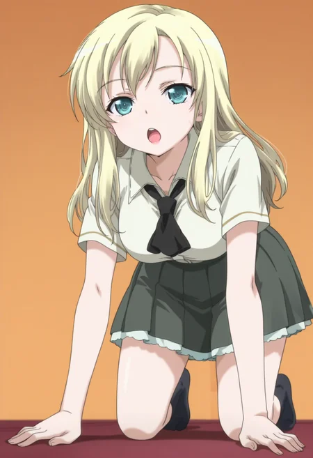 anime screencap, anime coloring, ,     <lora:DX888Sena:1> kashiwazaki sena, aqua eyes, blonde hair, long hair, school uniform, white shirt, ascot, pleated skirt,  BREAK  orange background, checkered background,( simple background:1.2), BREAK      1girl, :o, all fours, from below, full body, looking at viewer, open mouth, solo,  tongue, upper teeth only,