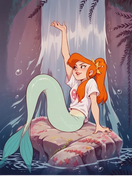 score_9, score_8_up, score_7_up, score_6_up, score_5_up, <lora:ppm3r41dsXLP:1> ppm3r41ds, mermaid, 1girl, solo, orange hair, long hair, ponytail, t-shirt,
