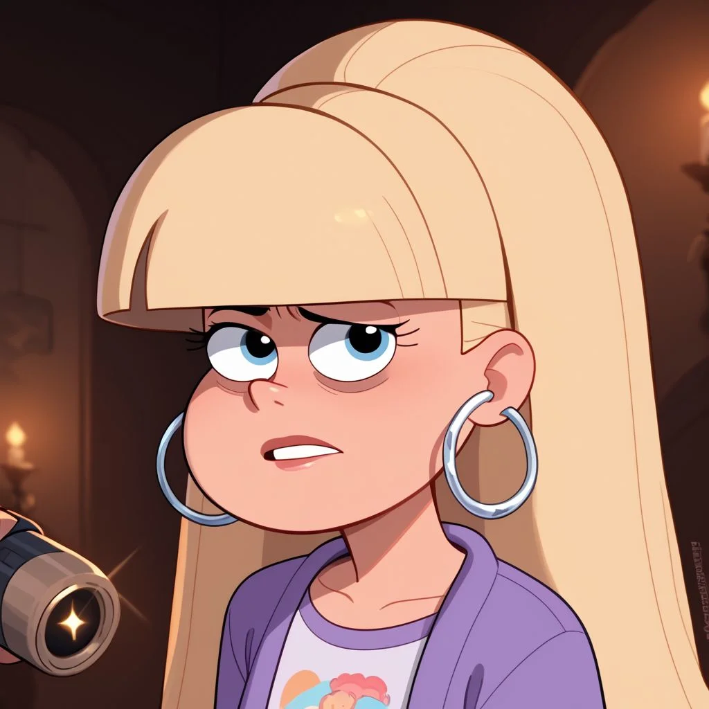 score_9, score_8_up, score_7_up, score_6_up, score_5_up, score_4_up, 1girls, Pacifica, blond hair, in a haunted house, flashlight, hoop earrings, solo