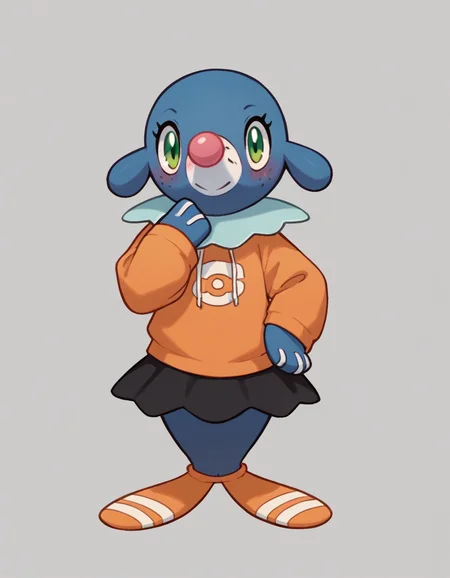 score_9, score_8_up, score_7_up, score_6_up, score_5_up, score_4_up, 1girl, full body, solo, furry female,
oversized hooded sweater, black skirt, socks, orange socks, standing, hand on own hip, hand to own mouth, looking at viewer, blush, <lora:Popplio_v0-4-lora:0.8> popplio, blue fur, white snout, pink nose, droopy ears, whisker markings, blue collar, frilled collar, pokemon \(creature\), (seal \(animal\):1.2), green eyes, eyelashes, pinniped, flippers, freckles