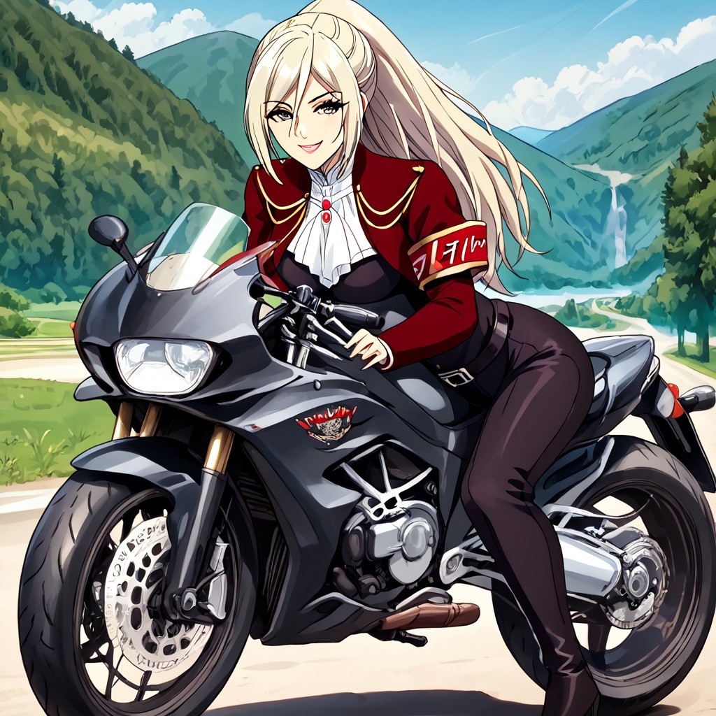 Elentzia_TR, pale blonde hair, ponytail, gray eyes, military uniform, medium breasts, belt, red necklace, red armband, dynamic shot, cr0tchr0ck3t, motorcycle, ground vehicle, motorcycle,, looking at viewer, soft smile, 3/4 view, absurdres, 4kres, source_anime, score_7_or_higher, csr style, mammoth_metal_style