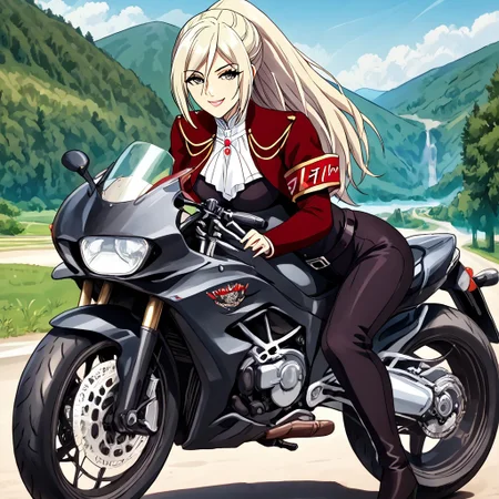 Elentzia_TR, pale blonde hair, ponytail, gray eyes, military uniform, medium breasts, belt, red necklace, red armband, dynamic shot, cr0tchr0ck3t, motorcycle, ground vehicle, motorcycle,, looking at viewer, soft smile, 3/4 view, absurdres, 4kres, source_anime, score_7_or_higher, csr style, mammoth_metal_style