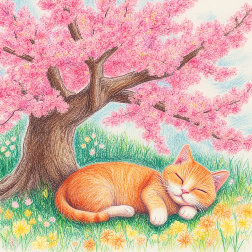 A cat sleeping under a cherry blossom tree, crayon