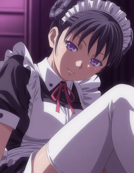 1girl, solo, araki madoka, black hair, short hair, twin buns, purple eyes, maid, maid headdress, short sleeves, neck ribbon, white thighhighs, reclining, seductive smile, depth of field, blurry background, (dark theme, low light:1.3), (anime coloring:1.2) <lora:araki_madoka_ilxl_v1:0.8>