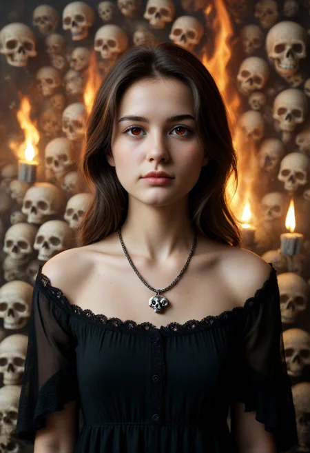1girl, black dress, cowboy shot, dynamic view, no pattern dress, Hd, high quality, ultra realistic, detailed, slimes_skullwm, made of skulls, spooky skull background, light smile, PG, no teeth, portrait, looking afar, stoic, brunette, beautiful, necklace, fire in skull eyes,