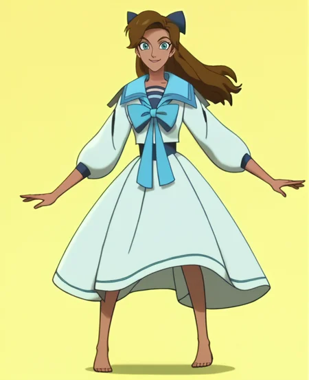 score_9, score_8_up, score_7_up, score_6_up, score_5_up, score_4_up, anime screencap, anime coloring, source_cartoon,  <lora:Anastasia_Full-000007:1> , sailout1, long hair, brown hair, aqua eyes, bow, sailor uniform, neckerchief, barefoot,  full body, smile, looking at viewer,
