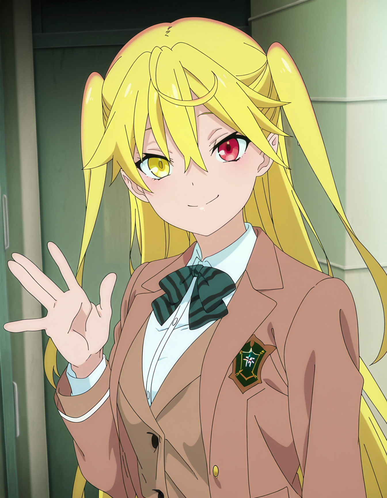 hizuki_reynard-yamada, yellow eyes, heterochromia, red eyes,two side up,school uniform,brown jacket,blazer,striped bow, green bow,hand up,hand waving,smile,dynamic angle,looking at viewer,1girl,masterpiece,best quality,amazing quality  <lora:hizuki_reynard-yamada-ILXL:0.9>, anime screencap,