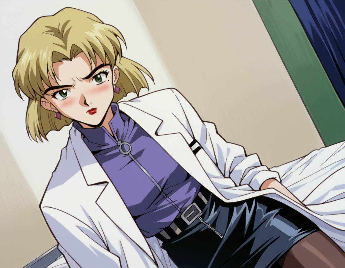 score_9, score_8_up, score_7_up, source_anime,
ritsukoakagi,  <lora:ritsuko-akagi-classic-ponyxl-lora-nochekaiser:1>,
ritsuko akagi, short hair, blonde hair, mole, mole under eye, parted bangs, green eyes,
lipstick, skirt, jewelry, pantyhose, earrings, belt, pencil skirt, labcoat, shirt, purple shirt, turtleneck, zipper,
indoors, bed, bed room, on side, blush, drunk,
cowboy shot, looking at viewer, solo, dutch angle,