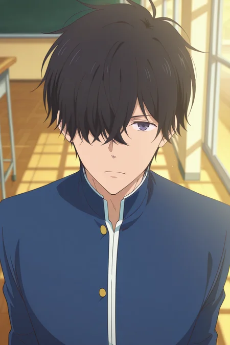 masterpiece, best quality, amazing quality,high resolution, intricate details,official style,depth of field,anime screencap,anime coloring , , , 1boy, solo, male focus, <lora:Nezu_Chuukichi:0.90>,nezu chuukichi,black hair,dark gray eyes,short hair,hair over eye,blue jacket, school uniform,upper body,high collar, indoors,gakuran,looking at viewer,school,from above