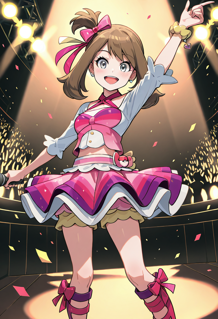 masterpiece, best quality, 1girl, solo, eyelashes, (beautiful eyes), smile, looking at viewer,    zzMayIdol, grey eyes, brown hair, medium hair, one side up, hair ribbon, idol outfit, frilled skirt, big bow, jewelry, hair bow, thigh boots, bracelet, stage lights, concert, spotlight, microphone, cheering crowd. On a glowing stage with confetti in the air, zzMayIdol smiles confidently, microphone in hand, her ribbon swaying as she dances beneath the spotlight.  <lora:MayContestPokemon_IXL_v2:1.0>,