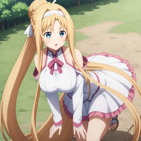 (masterpiece), best quality, perfect eyes, expressive eyes, perfect face, expressive face, perfect hands, (((((detailed hair))))), (((perfect eyes))), perfect legs, (((1 Girl))), (Sylpha), very long hair, blue eyes, huge breasts, blushing, (((aroused))), moaning, blonde hair, very long hair, hair up, (hair bun), folded ponytail, ((long sidelocks)), ahoge, blonde hair, blue eyes, hair between eyes, bangs, ((white hairband)), (((hair ribbon))), (((((view up close))))), view from above, view from side, outdoors, forest, trees, stacia, (((((absurdly long hair))))), blue eyes, long hair, parted bangs, blonde hair, very long hair, very long sidelocks, braid, hair up, ((hair bun)), (ponytail), hair ribbon, alice zuberg, blue eyes, parted bangs, blonde hair, very long hair, very long sidelocks, braid, hair up, ((hair bun)), (ponytail), astnig, asuna \(sao\), (((((absurdly long hair))))), blue eyes, parted bangs, blonde hair, very long hair, very long sidelocks, braid, hair up, ((hair bun)), (ponytail), hair ribbon, off shoulder, long sleeves, halterneck, ribbon trim, white nightgown, two-tone dress, (((pink trim))), layered skirt,