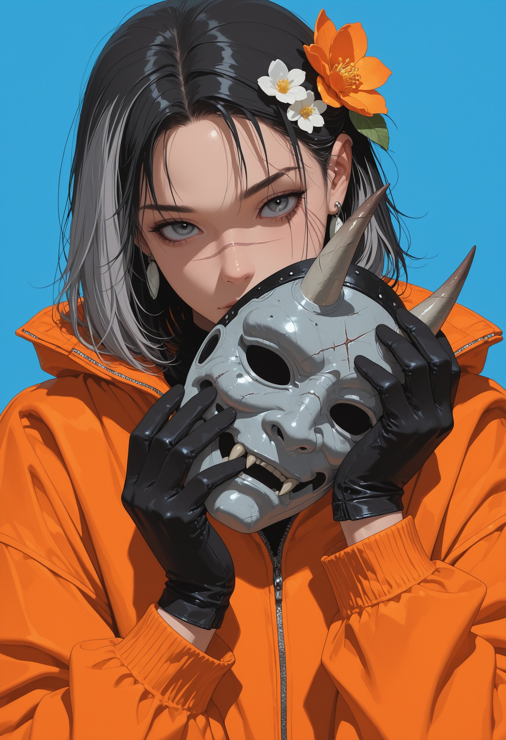 cryos2, 1girl, solo, mask, gloves, flower, black gloves, blue background, holding, earrings, jewelry, oni mask, hair ornament, jacket, simple background, upper body, hair flower, looking at viewer, long sleeves, grey hair, grey eyes, scar, black hair, multicolored hair, holding mask, hands up, orange jacket, mask removed, scar on face, masterpiece, best quality, incredibly absurdres, amazing quality, very aesthetic, 4k, official art, latest, , <lora:99049ffc-f5ee-4292-8fba-783ed7518c43:0.9>