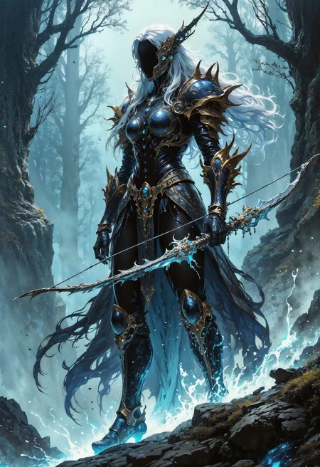(in Krenz Cushart style:1.2), high-quality, masterpiece, A phantom archer, her body phasing between visibility and translucency, with a bow made of shimmering spectral light, Her armor shifts between cracked stone and flowing mist, her arrows burn with ethereal fire, She stands on a fog-covered hill surrounded by spectral trees and drifting souls, high contrast, light trails, motion blur, eerie lighting, (elaborate fine details:1.1), (elaborately detailed attire with extraordinary elements:1.1), (hyperdetailed:1.1), (intricate details:1.0), (Refined details:1.1), (best quality:1.1), (high resolution:1.2)