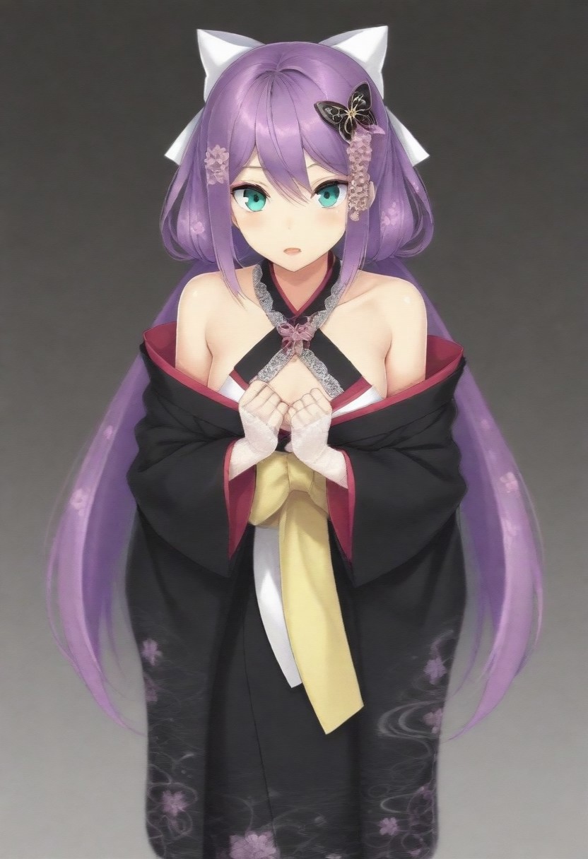 masterpiece, best quality, amazing quality,,, shiny skin,,,,,,,,nijiritsuki,,green eye,purple hair,makeup,long hair,low twintails,butterfly ornament,hair bow,white bow,hair flower,nijiritsukicos,black kimono,floral print kimono,frill-trimmed kimono,lace-trimmed kimono,off shoulder,bare shoulder,x-cross halterneck,long sleeves,wide sleeves,long skirt,obi,sash,waist bow,long bow,white lace gloves,long gloves,fingerless gloves,