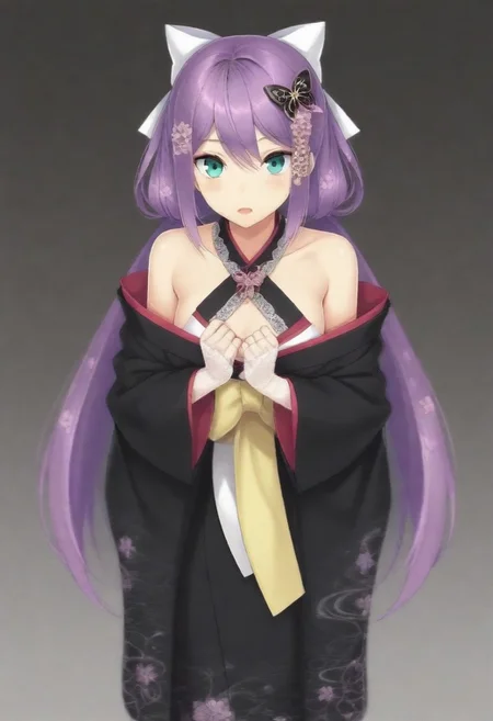 masterpiece, best quality, amazing quality,,, shiny skin,,,,,,,,nijiritsuki,,green eye,purple hair,makeup,long hair,low twintails,butterfly ornament,hair bow,white bow,hair flower,nijiritsukicos,black kimono,floral print kimono,frill-trimmed kimono,lace-trimmed kimono,off shoulder,bare shoulder,x-cross halterneck,long sleeves,wide sleeves,long skirt,obi,sash,waist bow,long bow,white lace gloves,long gloves,fingerless gloves,